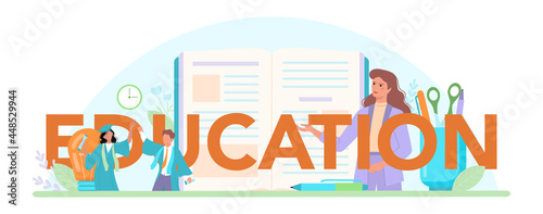 Education typographic header. Teacher giving a lesson online