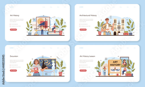 History of art school education web banner or landing page set. Student studying