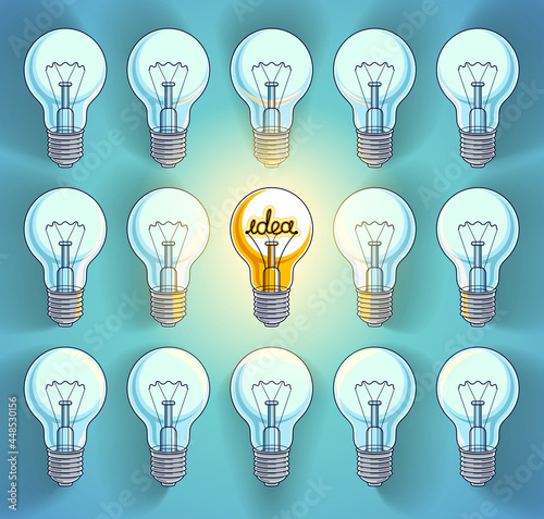 Idea concept  think different  light bulbs group vector illustration with single one is shining  creative inspiration  be special  leadership.