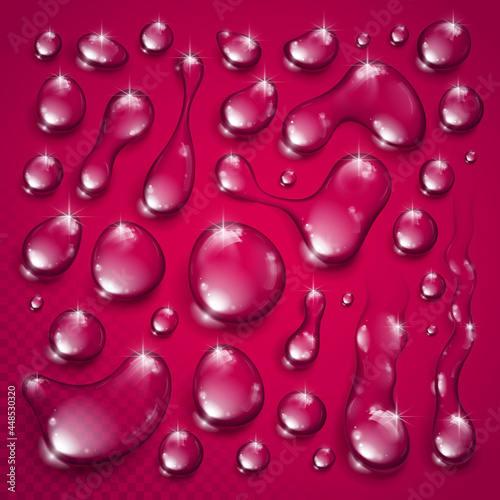Water drops set vector realistic 3d elements collection  transparent dew condensation drops over transparency checker mesh  prepared to put over red background.