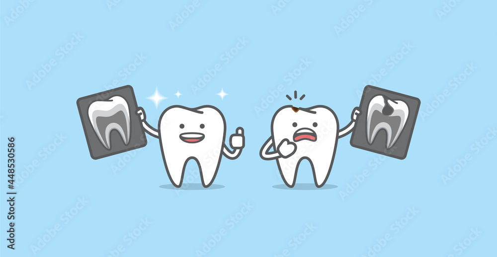 Dental cartoon of X-ray with Tooth characters compare good and bad condition illustration cartoon character vector design on blue background. Dental care concept. Stock Vector | Adobe Stock Dental cartoon of X-ray with Tooth characters compare good and bad condition illustration cartoon character vector design on blue background. Dental care concept. Stock Vector | Adobe Stock