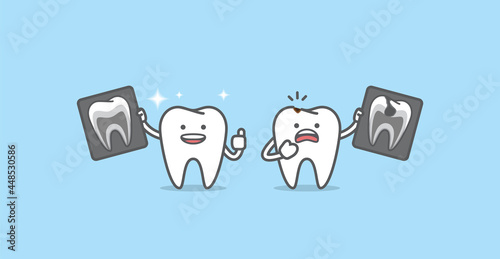 Dental cartoon of X-ray with Tooth characters compare good and bad condition illustration cartoon character vector design on blue background. Dental care concept.
