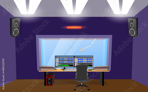 Recording studio interior with sound equipment and furniture, Record producer or audio engineer workplace, recording studio control room,  computer audio editing program