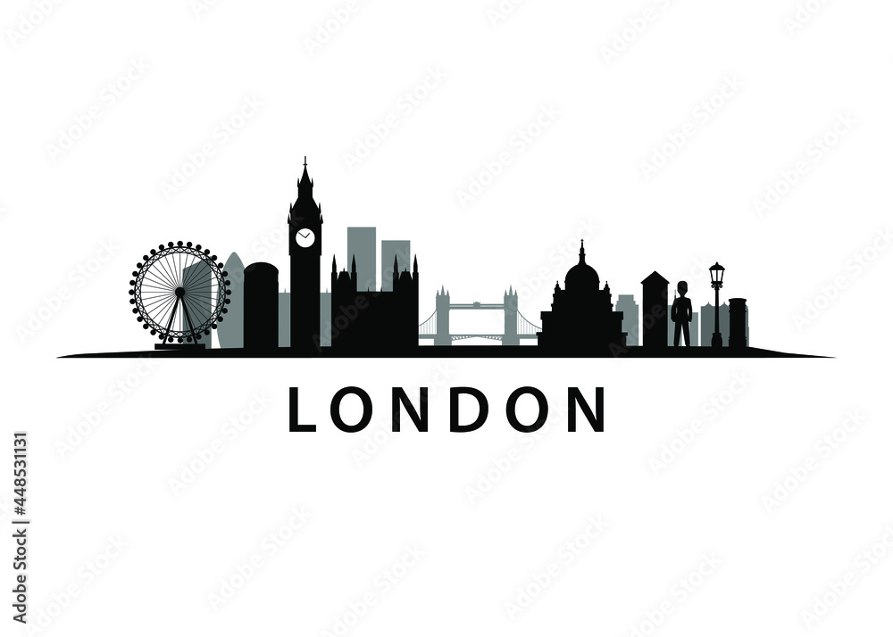 London Capitol of United Kingdom, CItyscape, Skyline, Town Landscape in black, silhouette, vector graphic 