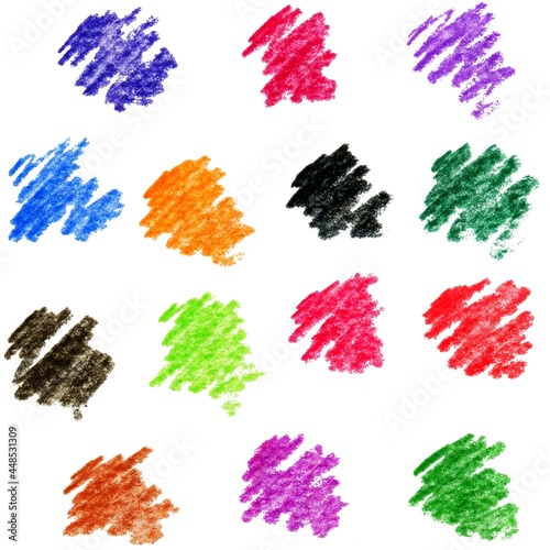 Set of colored abstract spots with texture, colored pencils on a white background, strokes