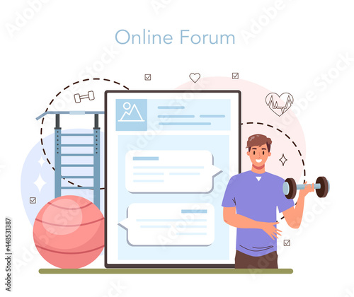 Fitness trainer online service or platform. Workout in the gym