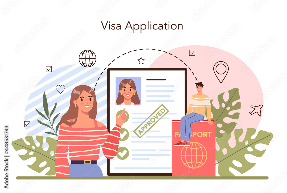 Traveling abroad concept. Visa application approving and insurance - obrazy, fototapety, plakaty 