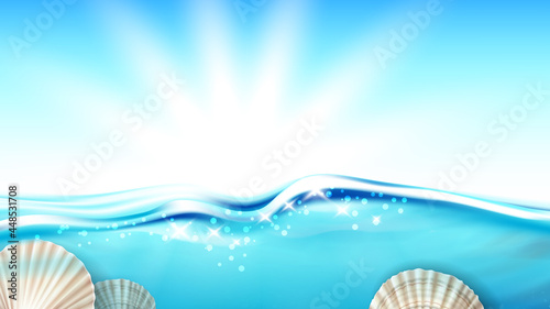 Scallop Mollusk In Ocean Water Copy Space Vector. Scallop Cockleshell Shell In Sea, Marine Seashore Decorative Souvenir. Restaurant Culinary Delicacy Seafood Template Realistic 3d Illustration