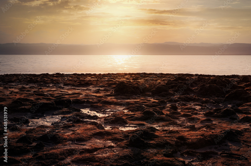 Fototapeta premium Dead Sea Salty red Mud shore in Jordan