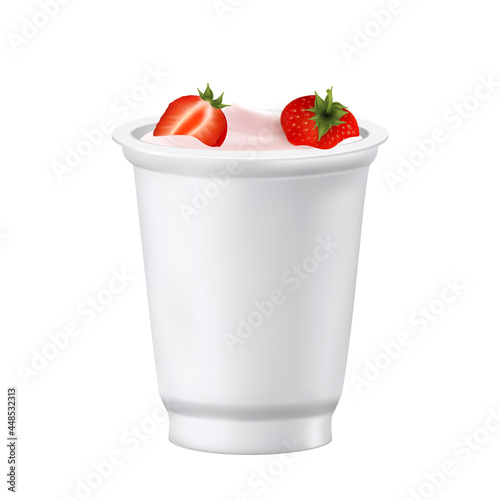 Yoghurt Dessert Blank Cup With Strawberry Vector. Bio Natural Greek Yoghurt Nutrition In Package With Berry. Health Diet Breakfast, Grocery Market Product Template Realistic 3d Illustration