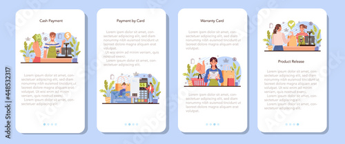 Commercial activities process mobile application banner set. Moderm payment