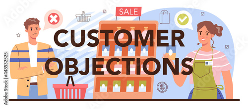 Customer objections typographic header. Marketing campaign feedback,