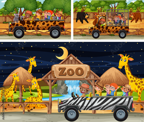 Different safari scenes with animals and kids cartoon character