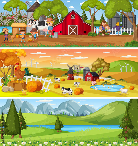 Different nature landscape at daytime scene with cartoon character