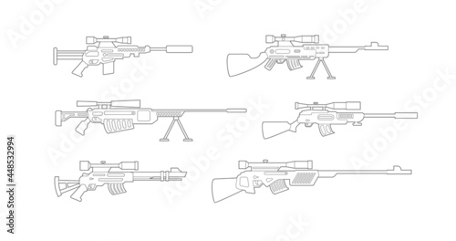 Outline icons of sniper weapon or rifles set, flat vector illustration isolated.