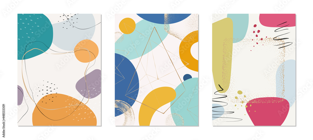 Posters and cover pages design set, isolated abstract composition with liquid shapes and brushes, glitter and gold. Geometry and shapeless forms, postcard or invitation card. Flat cartoon vector