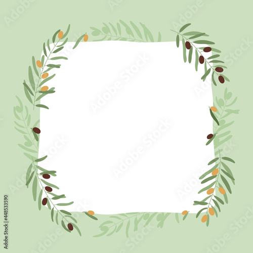 Frame with olive branches. Card with copy space, blank poster, print template with twigs and fruits. Vintage vector illustration on green color.