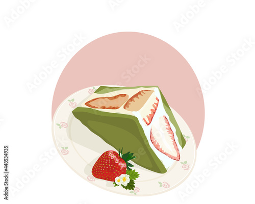 Isolated matcha strawberry sandwich cream cake on white background. Bakery vector hand drawing illustration. Close up authentic anime food. 