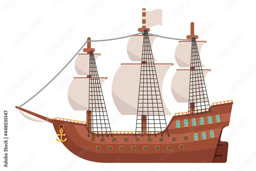 Age of sail galeon wooden sailing ship isolated on white design flat vector illustration - obrazy, fototapety, plakaty 