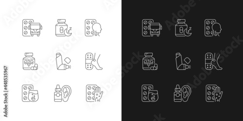 Pharmaceutical drugs linear icons set for dark and light mode. Treat motion sickness. Lozenges for sore throat. Customizable thin line symbols. Isolated vector outline illustrations. Editable stroke