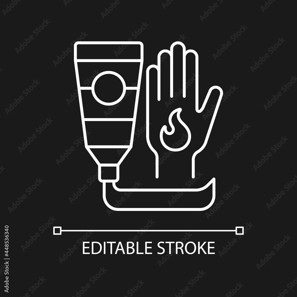 Ointment for burns white linear icon for dark theme. Antibacterial cream. Skin care product. Thin line customizable illustration. Isolated vector contour symbol for night mode. Editable stroke Ointment for burns white linear icon for dark theme. Antibacterial cream. Skin care product. Thin line customizable illustration. Isolated vector contour symbol for night mode. Editable stroke