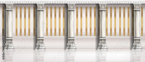 Classic roman pillar illustration, vector palace architecture background, vintage room wall, golden stripe. Baroque antique interior, marble column wallpaper, colonnade hall. Classic pillar front view