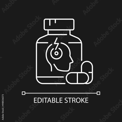 Pills for headache white linear icon for dark theme. Pain reliever. Chronic pain treatment. Thin line customizable illustration. Isolated vector contour symbol for night mode. Editable stroke