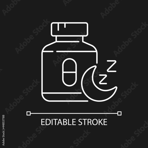 Pills for insomnia white linear icon for dark theme. Sleeping medication. Improve sleep-wake cycle. Thin line customizable illustration. Isolated vector contour symbol for night mode. Editable stroke