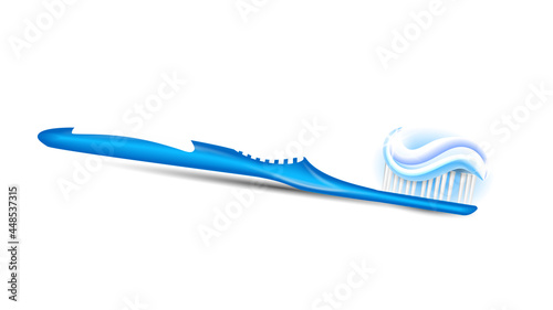 Toothpaste On Toothbrush Dental Hygiene Vector. Mouth Tooth Brush And Toothpaste For Brushing And Care Mouth Organ. Treatment Procedure Morning And Evening Routine Template Realistic 3d Illustration