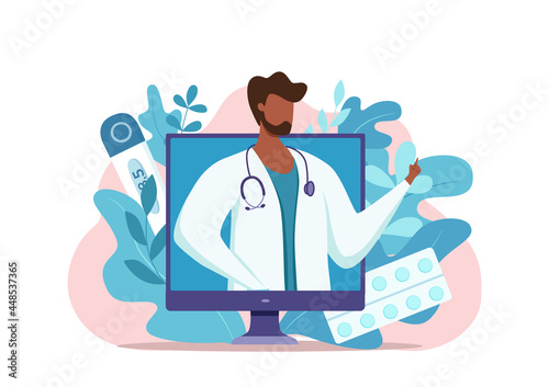 Online African American doctor medical consultation vector illustration.