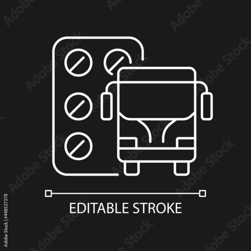 Pills for motion sickness white linear icon for dark theme. Preventing travel sickness, nausea. Thin line customizable illustration. Isolated vector contour symbol for night mode. Editable stroke