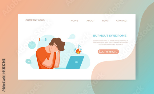 Professional burnout syndrome exhausted man tired sitting at her workplace