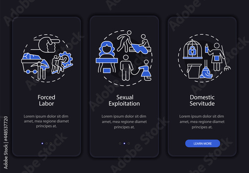 Human trafficking types dark onboarding mobile app page screen. Form of slavery walkthrough 3 steps graphic instructions with concepts. UI, UX, GUI vector template with linear night mode illustrations
