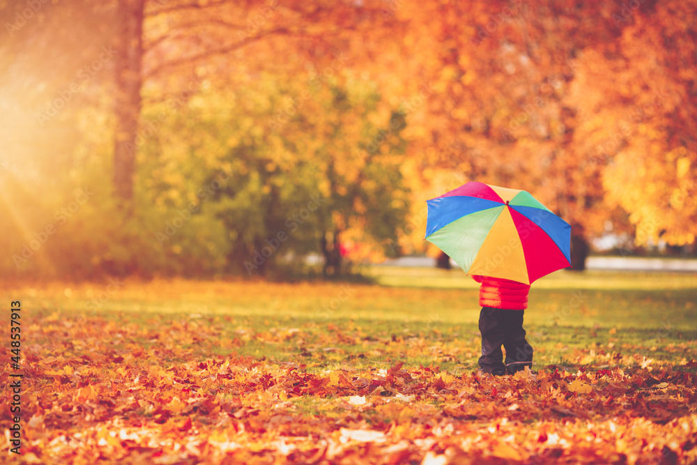 Child standing with umbrella in beautiful autumnal day