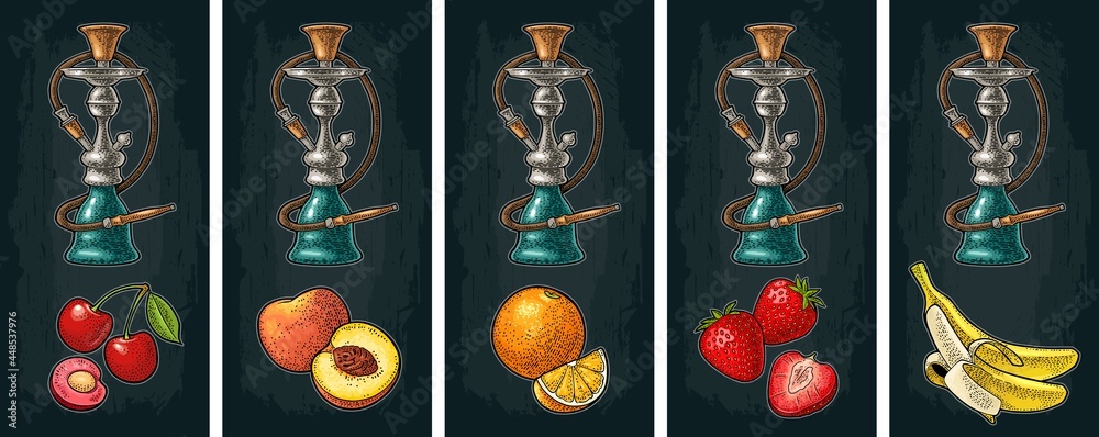 Fototapeta premium Hookah with cherry, strawberry, peach, orange, banana. Vector vintage engraving