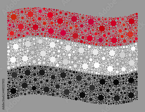 Waving mosaic Yemen flag constructed of Covid-2019 elements. Yemen flag collage is formed with random covid items. Vector covid-2019 collage waving Yemen flag designed for medicare wallpapers.