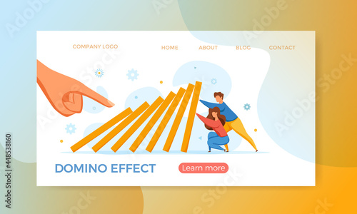 Domino effect of businessman pushing hard against falling domino vector illustration.