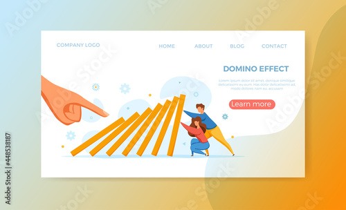 Domino effect of businessman pushing hard against falling domino vector illustration.