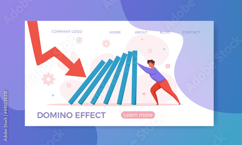 Domino effect of businessman pushing hard against falling domino vector illustration.