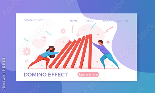 Domino effect of businessman pushing hard against falling domino vector illustration.