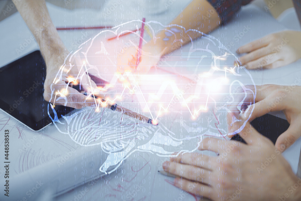 Obraz premium Double exposure of man and woman working together holding and using a mobile device and brain hologram drawing.