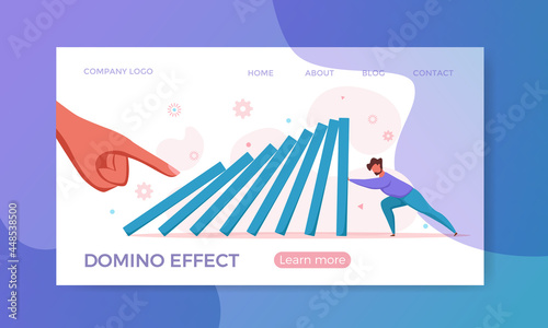 Domino effect of businessman pushing hard against falling domino vector illustration.