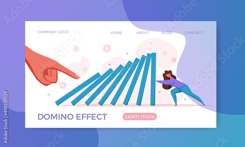 Domino effect of businessman pushing hard against falling domino vector illustration.