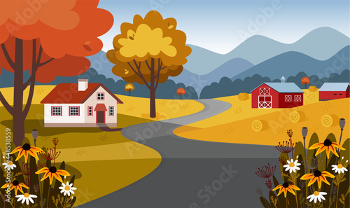 Autumn landscape with a house, barn, road, fields, hill, flawers, tree, mountains. Cute vector illustration in flat style.