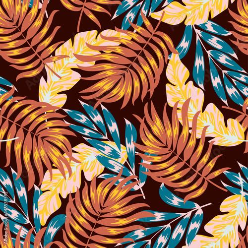 Exotic seamless tropical pattern with bright plants and leaves on a brown background. Beautiful seamless vector floral pattern. Summer colorful hawaiian seamless pattern with tropical plants.
