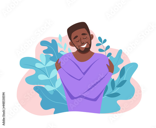 Love yourself men hugging herself with enjoying emotions vector illustration.