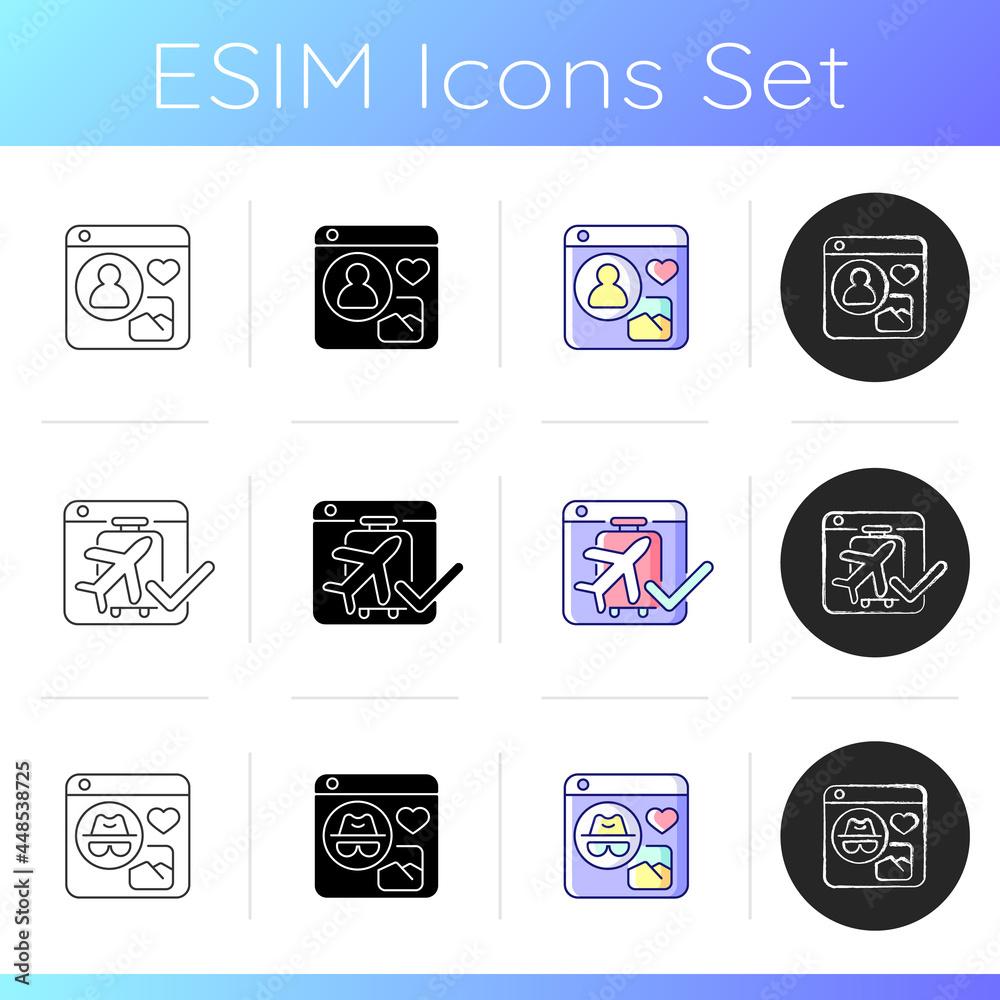 Digital services icons set. Social networks. Trip planning. Sharing photos. Interact with people anonymously. Reservation management. Linear, black and RGB color styles. Isolated vector illustrations
