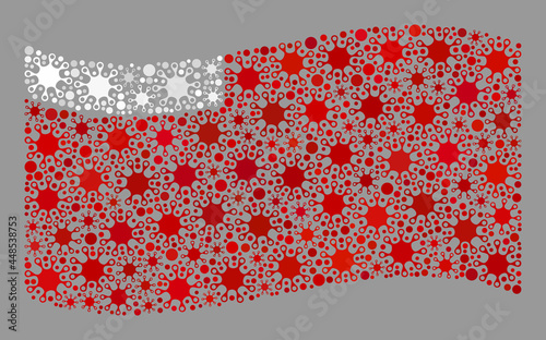 Waving mosaic Abu Dhabi flag designed with Covid-2019 items. Abu Dhabi flag collage is designed from scattered cell elements.