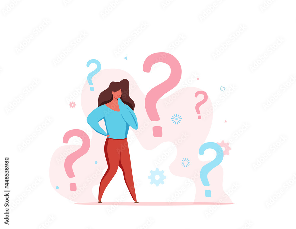 FAQ concept of men looking through magnifying glass at interrogation point and question mark. FAQ concept of men looking through magnifying glass at interrogation point and question mark.