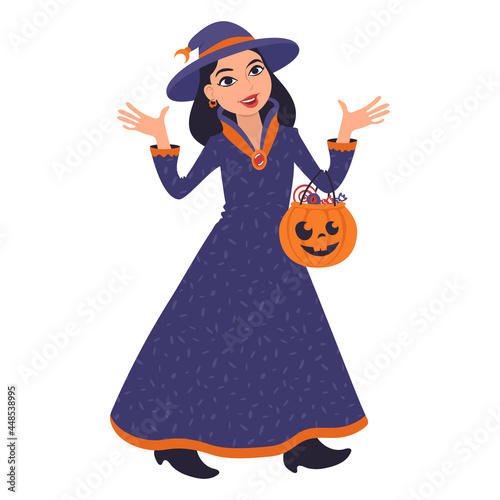 Caucasian woman with halloween pumpkin dressed as a witch. Flat style Illustration